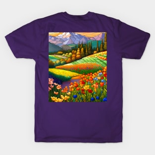 Stained Glass Colorful Mountain Meadow T-Shirt